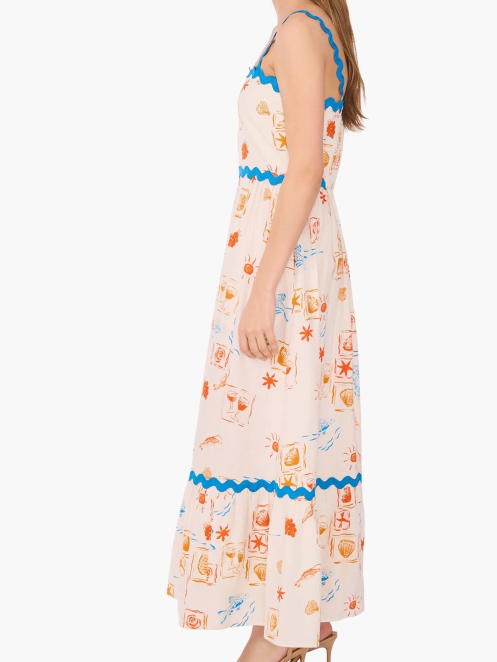 Tiered linen blend maxi dress Ricrac trim beachy boho vacation XS - Picture 3 of 12